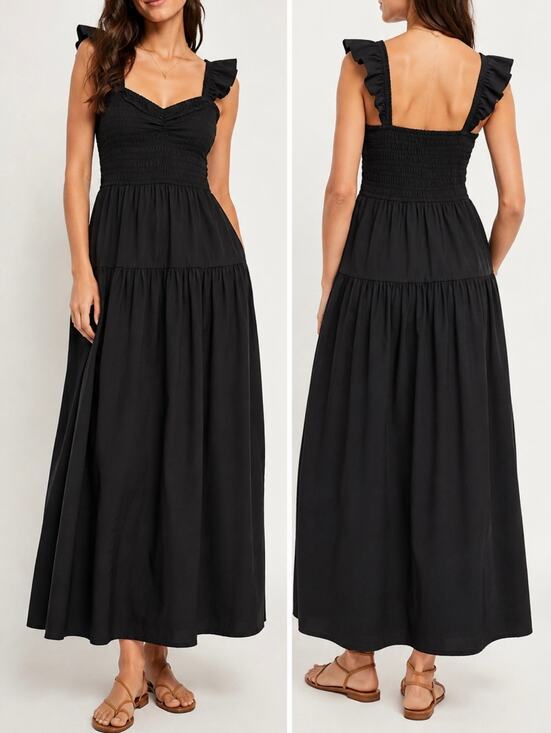 Abercrombie & Fitch Dresses & Skirts - Abercrombie & Fitch Black Smocked Ruffle Strap Tiered Maxi Dress Size S